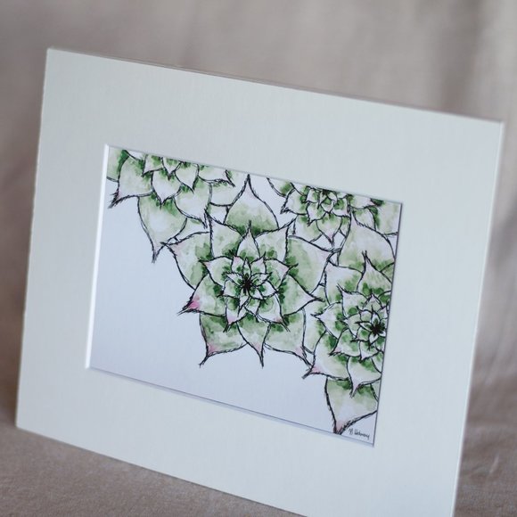 "Hens & Chicks" 5x7 Watercolour Print With Mat - Picture 2 of 3